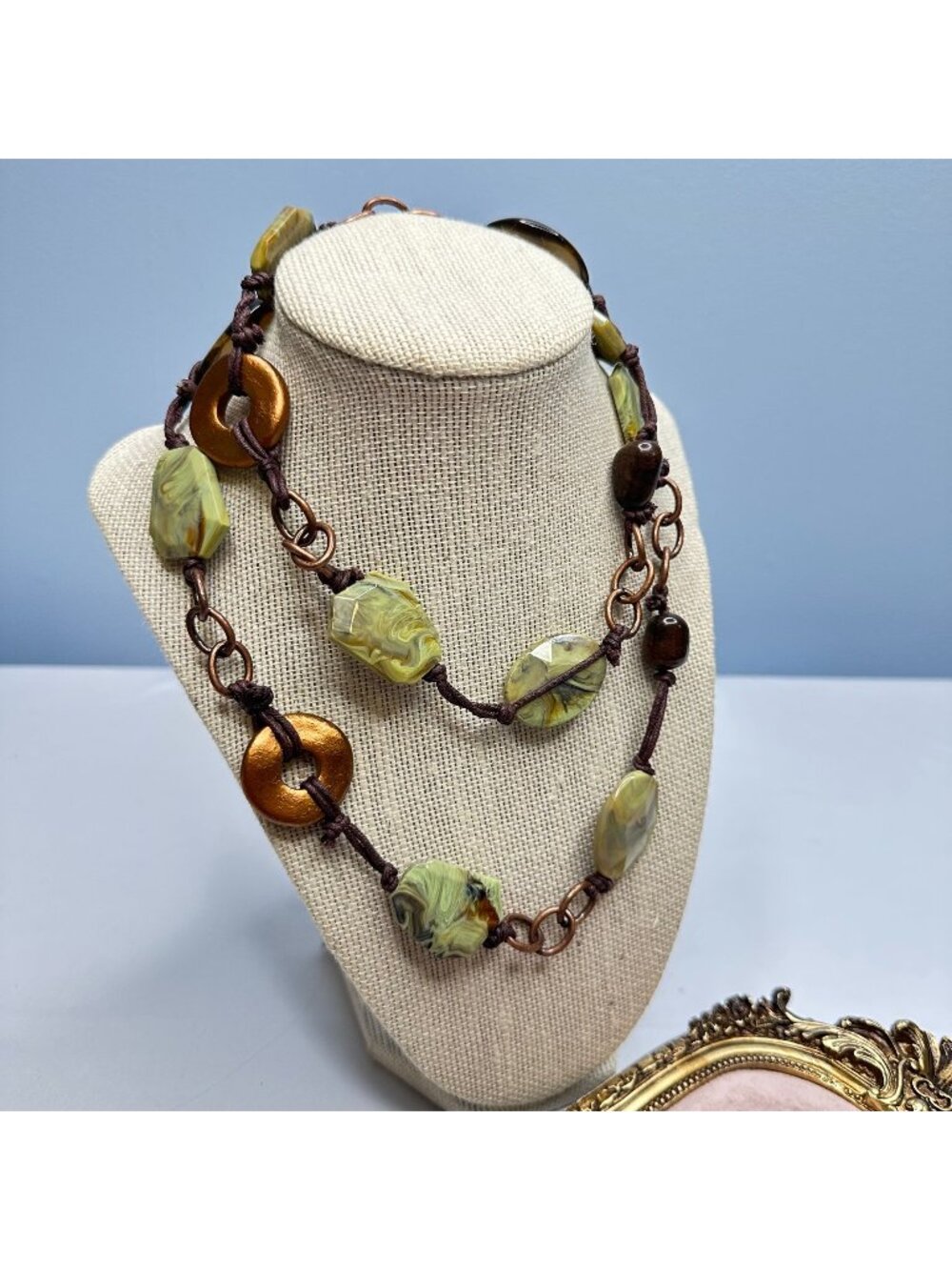 Bohemian-Style Acrylic Statement Necklace W Amber Brown & Olive Green Tones 32"